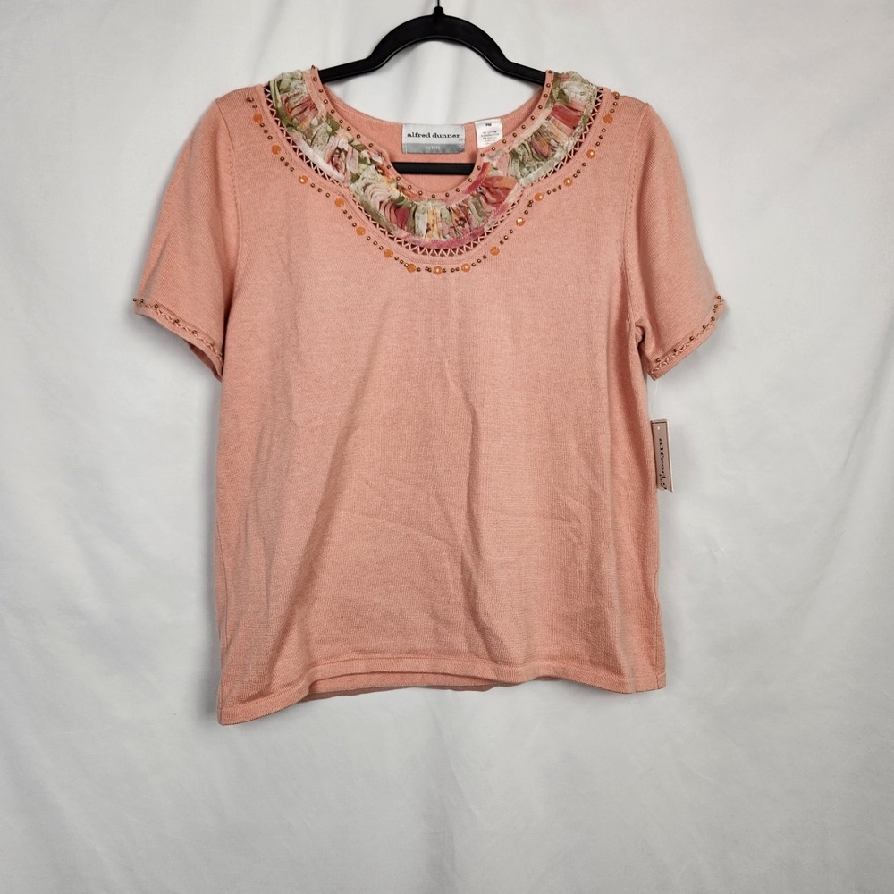 NWT Alfred‎ Dunner Womens Top Light Pink Petite Medium PM Beaded Neckline